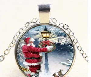 SANTA CHRISTMAS SNOW TREE women female pendant Silver 20" Necklace cable chain - Picture 1 of 7