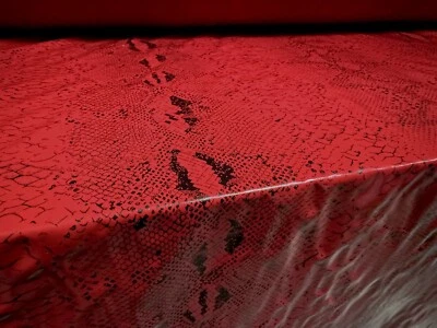 High Gloss PVC Faux Leather Jersey Fabric, Per Metre - Snakeskin Print - Red - Image 1 of 3