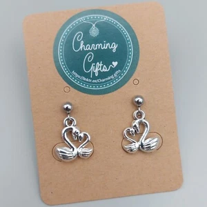 Heart Swan Earrings – Handmade Silver Gift for Her with Personalisation - Picture 1 of 36