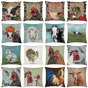 18" Vintage Rooster Pillow Covers Rustic Cow Pig Cock Sheep Donkey Cushion Case - Picture 1 of 29