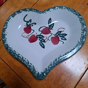 Vintage Chaparral Keramik Herzform grün Schwamm Servierschale Äpfel 70er 80er 90er - Bild 1 von 12