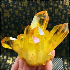 Natural Aura Yellow Citrine Crystal Titanium Cluster Healing Mineral Specimen