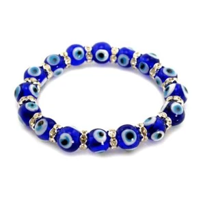 EVIL EYE BRACELET 10mm Glass Bead Blue Stretch Good Luck Protection Lampwork NEW - Bild 1 von 2