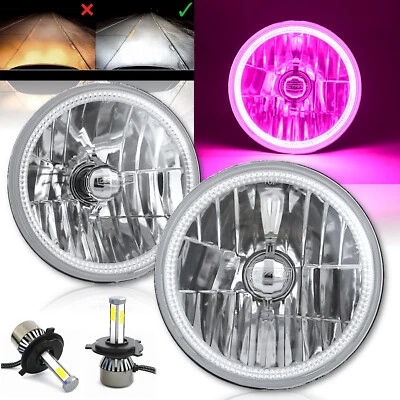 Par de faros cristalinos ojo de ángel halo LED SMD rosa de 7" y bombillas LED H4 6000k Foto 1 de 4