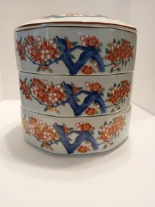 Vtg Japanese Porcelain Jubako 3-tier Stacking Boxes W/lid 1950-1980 Cherry Stems - Picture 1 of 11
