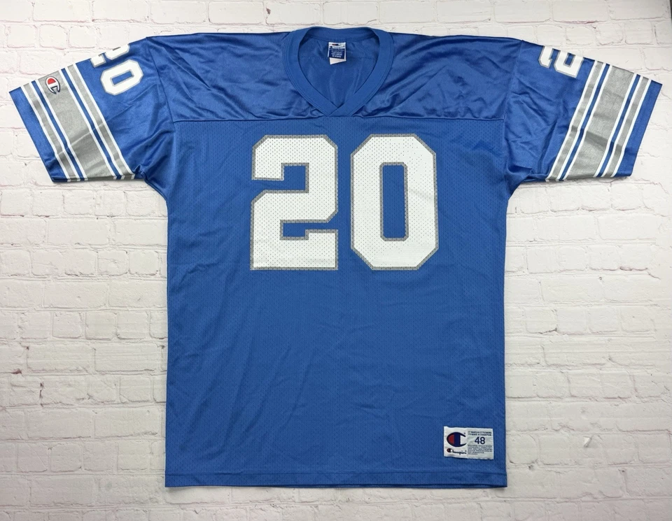 复古 90 年代 Barry Sanders 底特律狮子队 #20 冠军球衣蓝色 48 XL 码 — 第 1/4 张图片