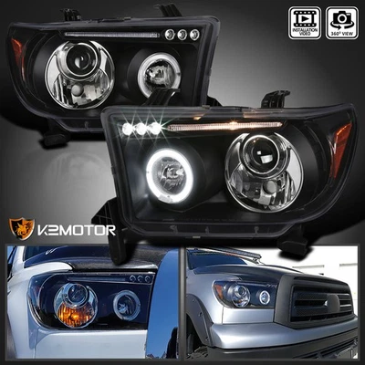 Black Fits 2007-2013 Toyota Tundra Sequoia LED Halo Projector Headlights Lamps - Image 1 of 4
