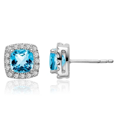 14K Solid White Gold Cushion-Cut Swiss Blue Topaz Diamond Halo Stud Earrings - Image 1 of 4