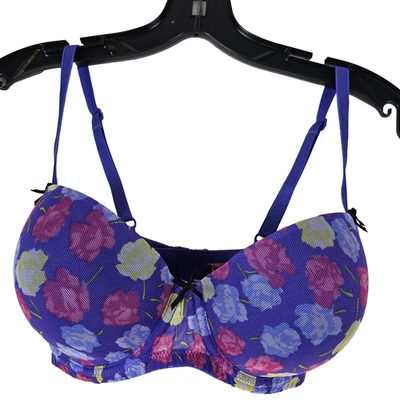 Betsey Johnson Womens 34D Purple Pink Floral Underwire Balconette Bra Sexy Mesh - Image 1 of 4