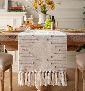 Boho Table Runner 13 x 48 Inch Long Natural Cotton 13x48Inch, Taupe Beige  - Picture 1 of 6