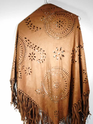 Brown Faux Suede Fringe Shawl Poncho – Cut‑Out Floral Design, Boho Western Fest - Image 1 of 2