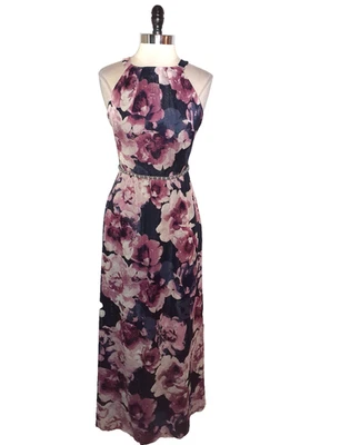 SLNY 8 码长裙蓝色紫色花卉微光水钻无袖口袋 — 第 1/4 张图片