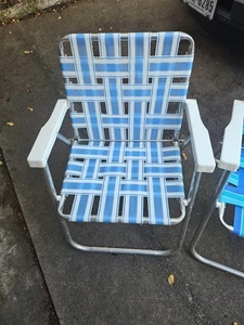 Sedia da prato pieghevole vintage Rio Backyards struttura in alluminio cinghie blu  - Foto 1 di 4