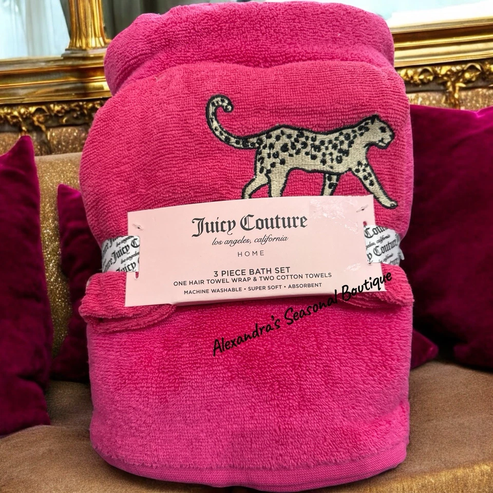 Pink Juicy Couture Leopard Print 3-PC Bath Set Hair Wrap Towel Two Cotton Towels - Image 1 of 4