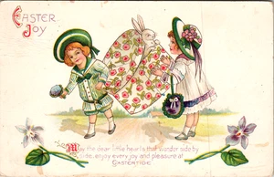 Bunny in Hat Box with Girls Easter Postcard Harvey Swett East Sullivan NY - Picture 1 of 2