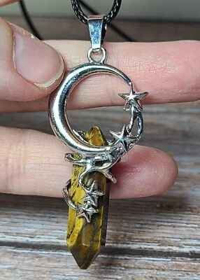 Polished Golden Tiger's Eye Crystal Stone Moon & Stars Necklace  Adjustable Cord - Image 1 of 4
