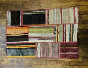 Handstiched Patchwork Kitchen Mat, Rug Made From Vintage Woven Fabrics - Picture 1 of 8
