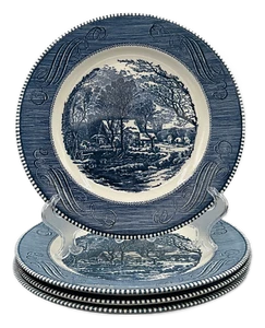 Currier & Ives Blue Dinner Plate Royal China USA Old Grist Mill - Set of 4 - Picture 1 of 5