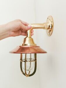 Vintage Bulkhead Brass Wall Sconce with Copper Shade - Indoor Outdoor