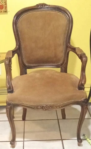 MCM Hand Carved Walnut Chair w Open Arms Suede Backrest & Seat Nailhead Trim Cover