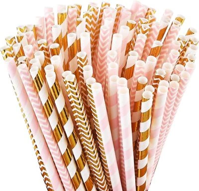 Pajitas de Papel Biodegradables, 100 Pajitas Rosa y Dorado para Suministros de Fiesta Cumpleaños Foto 1 de 4