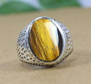 Solid 925 Sterling Silver Natural Brown Tiger's Eye Gemstone Official Men's Ring