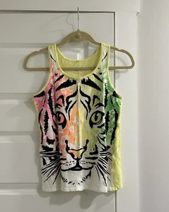 Justice Girls Rainbow Tiger Big Cat Glitter Neon Yellow Graphic Tank Top Sz 14 - Picture 1 of 5