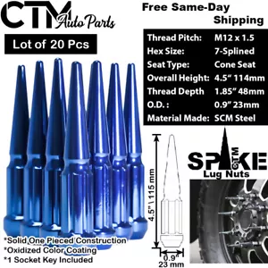20Pc 4.5" TALL BLUE M12x1.5 SPLINE SPIKE LUG NUT+KEY FIT TOYOTA LEXUS SCION - Picture 1 of 2