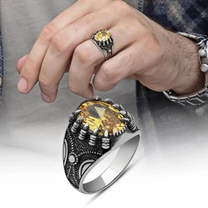 Solid 925 Sterling Silver Jewelry Citrine Yellow Gemstone Men's Ring Size 7-15 - Picture 1 of 5