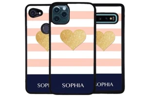 Gold Heart Pink and White Personalized Phone Case for Apple Samsung LG Google - Picture 1 of 7
