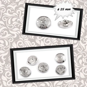 4) 5 Stück Knöpfe Metall 25 mm silber Ornament Wappen Jacke Mantel Uniform Hose - Bild 1 von 1