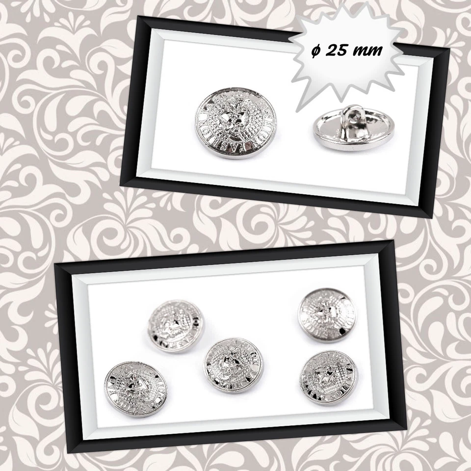 4) 5 Stück Knöpfe Metall 25 mm silber Ornament Wappen Jacke Mantel Uniform Hose - Bild 1 von 1