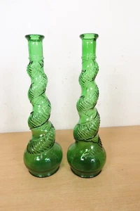 Vintage Pair of Depose Glass Genie Bottle Vase Swirl Green Empoli Italian MCM - Picture 1 of 11