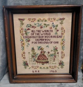 Vintage Framed Needlepoint Sampler Friendship "Wealth of the World"  - Picture 1 of 5