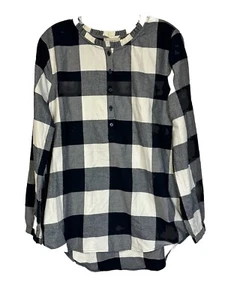 𝅺LOFT Buffalo Check Plaid Pullover Shirt Blue White Flannel 1/4 Button Up New M - Picture 1 of 8