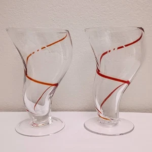 Red Robin Hand Blown Glasses Red Swirl Tornado Footed Pair - Picture 1 of 10