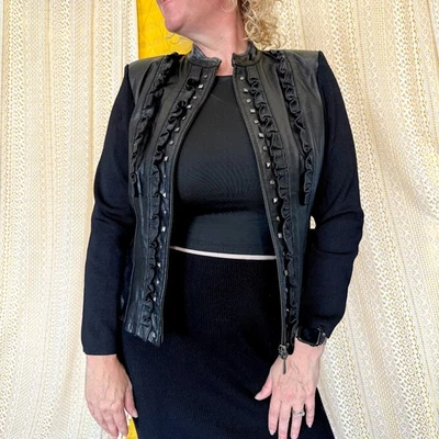 Peter Nygard Black Leather and Knit Jacket with Stud and Ruffle Trim Size M  - Image 1 of 4