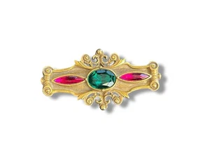 Vintage ornate red and green rhinestone holiday bar style brooch - Picture 1 of 5