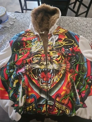 Vintage Ed Hardy Designer Hoodie Fur Jacket Mens XL Rare-- Hollywood Edition $$$ - Image 1 of 4