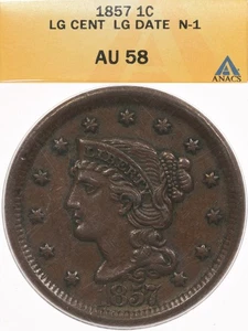 1857 1C ANACS AU58 Large Date Braided Hair Large Cent N-1 - Picture 1 of 4