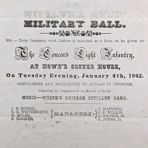1842 Concord Light Infantry Flugblatt Werbung Militär Ball Concord MA - Bild 1 von 5