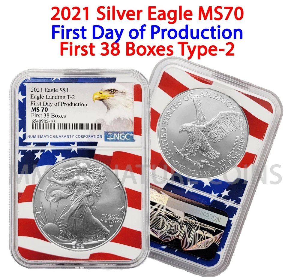 2021 Silver Eagle T-2 First Day of Production First 38 Boxes MS70 NGC Flag Core - Image 1 of 1