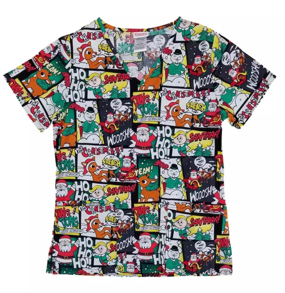 RUDOLPH THE RED NOSE REINDEER 2 POCKET CHRISTMAS SCRUB TOP SZ S