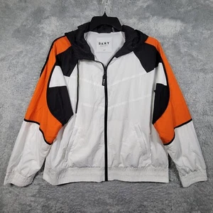 DKNY Sport Jacket Womens XL Orange White Zip Up Hooded Colorblock Windbreaker - Picture 1 of 11