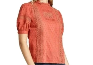 Women's Blouse Top Shirt Cotton Puff Sleeves Eyelet Salmon Pink S - Picture 1 of 5
