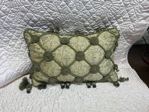 Silk Throw Pillow Cushion Lattice VTG Decorative 12”  Green Exquisite Trim - Picture 1 of 8