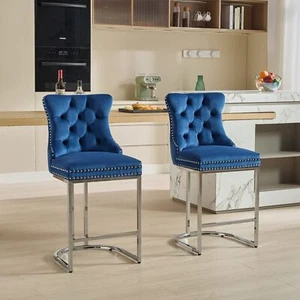2Set 25" Counter Height Bar Stools Velvet Upholstered Kitchen Pub Chairs Blue - Picture 1 of 12