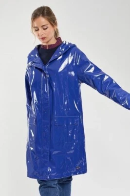 Women’s Blue PVC Vinyl Shinny Rain Coat Waterproof Coat hoodie Jacket - Image 1 of 4
