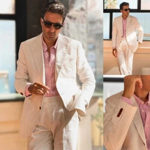 Tuta estiva Seersucker a righe uomo business giacca pantaloni 2 pezzi blazer pantaloni - Foto 1 di 12