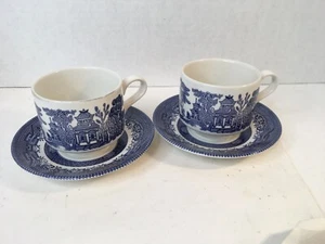 2 Blue Willow Cup and Saucer Set By Churchill England - Picture 1 of 6